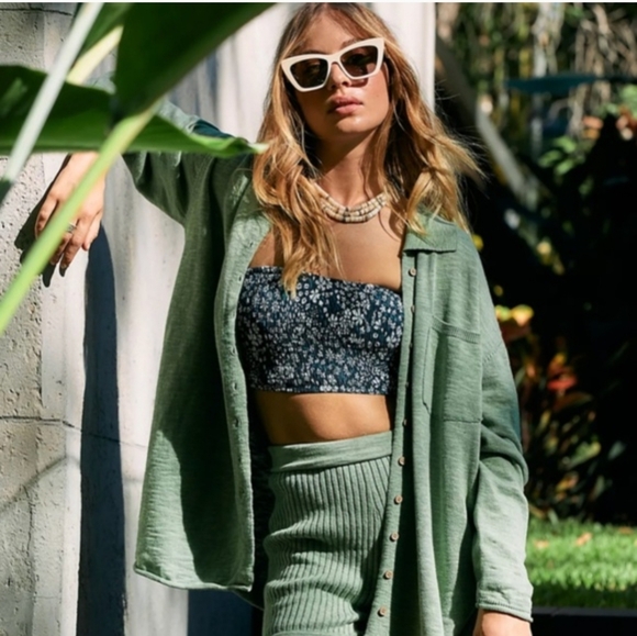 Free People Tops - NWT Free People Beach Oversized Green Button Up Cotton Linen Sweater Size Medium